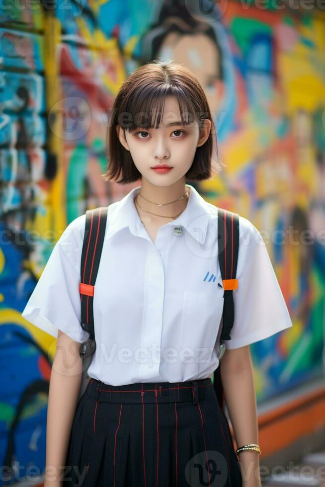 ai generiert ein jung Frau im ein Schule Uniform Stehen im Vorderseite von ein Graffiti Mauer foto