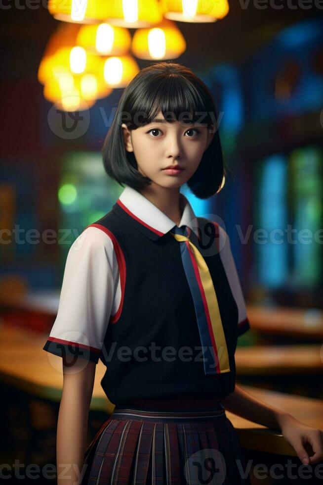 ai generiert ein jung Chinesisch hoch Schule Schüler Mädchen mit kurz Haar im ein Schule Uniform foto