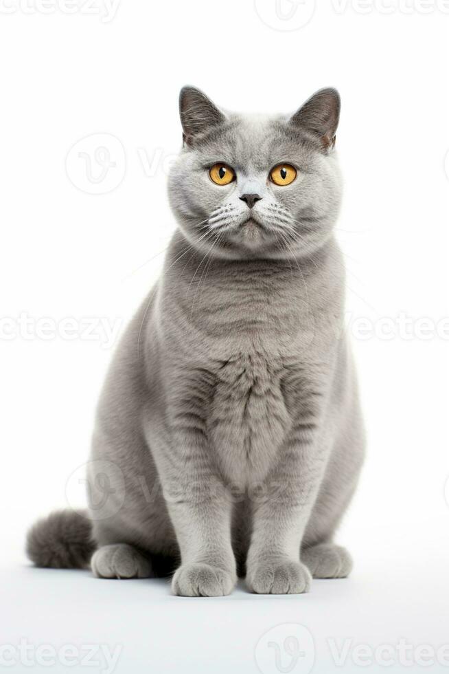 ai generiert ein britisch kurzes Haar Katze mit Gelb Augen Sitzung Nieder auf Weiß Hintergrund foto