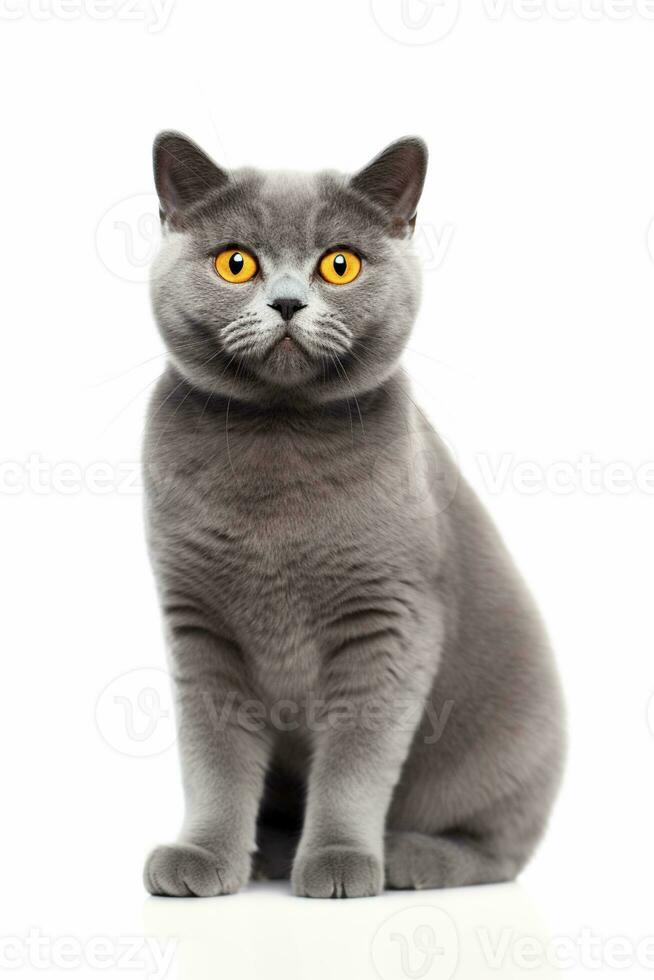 ai generiert ein britisch kurzes Haar Katze mit Gelb Augen Sitzung Nieder auf Weiß Hintergrund foto