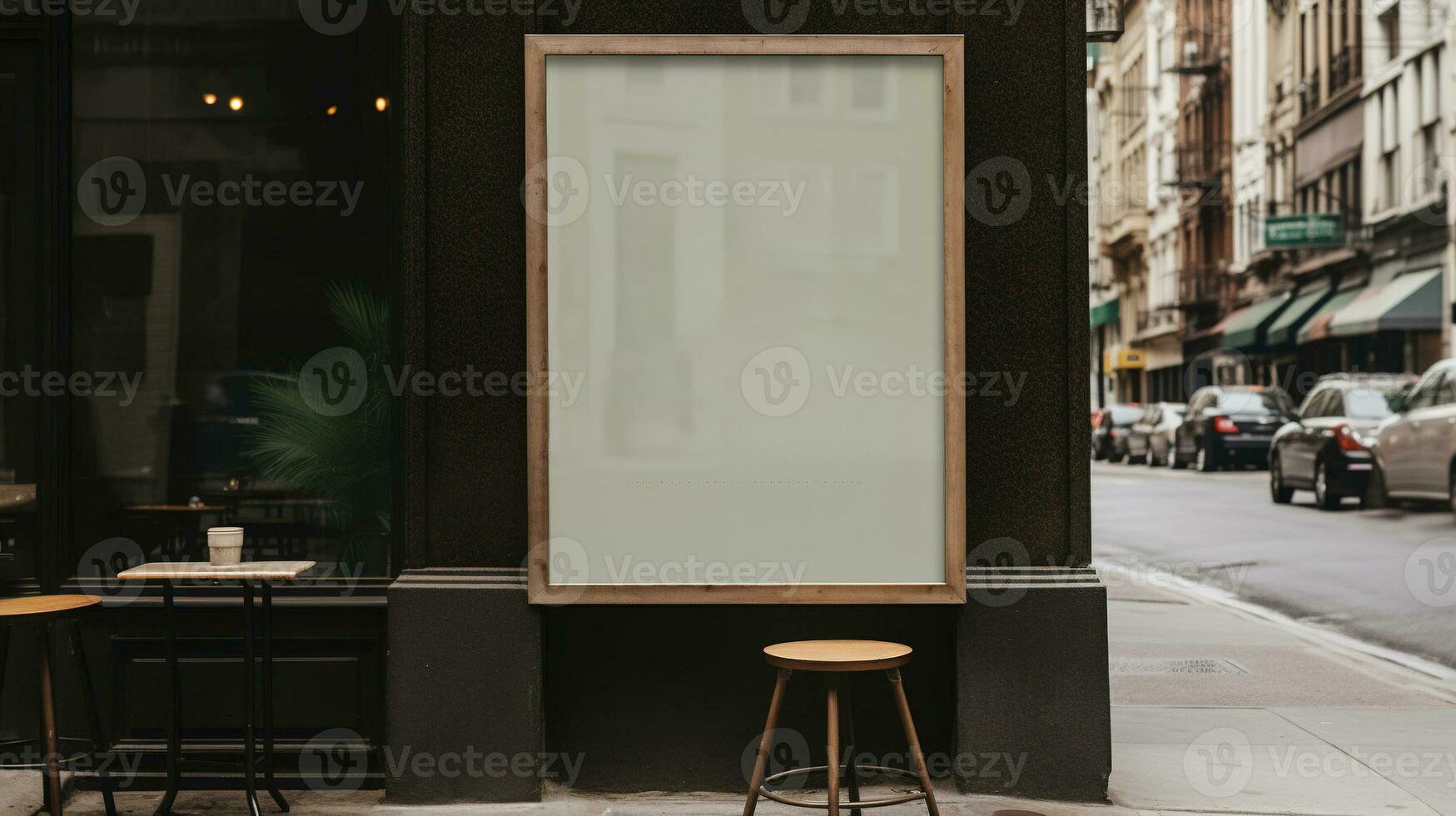 ai generiert generativ ai, Kaffee Geschäft Straße Poster oder Schild spotten oben zum Logo Design, Marke Präsentation, ästhetisch stumm geschaltet neutral Farben, auf das Mauer draussen foto