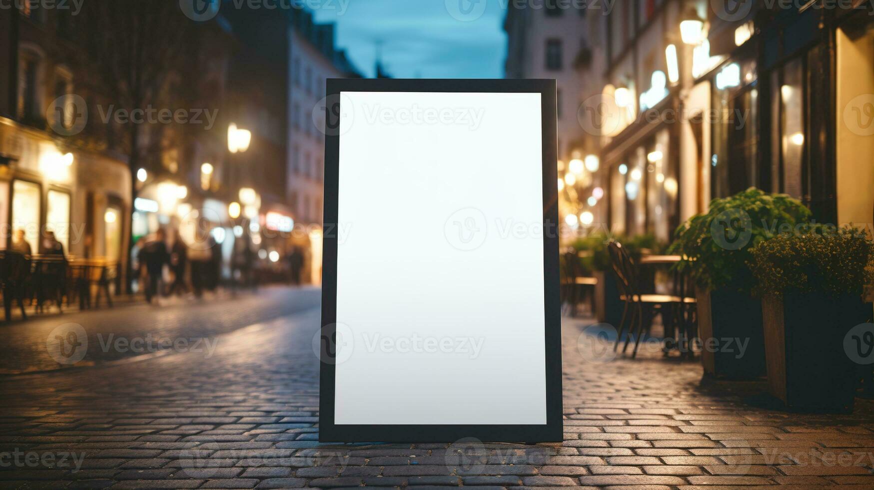 ai generiert generativ ai, Poster spotten oben zum Logo Design, Marke Präsentation, ästhetisch stumm geschaltet neutral Farben, auf verschwommen Nacht Bar oder Restaurant Hintergrund foto