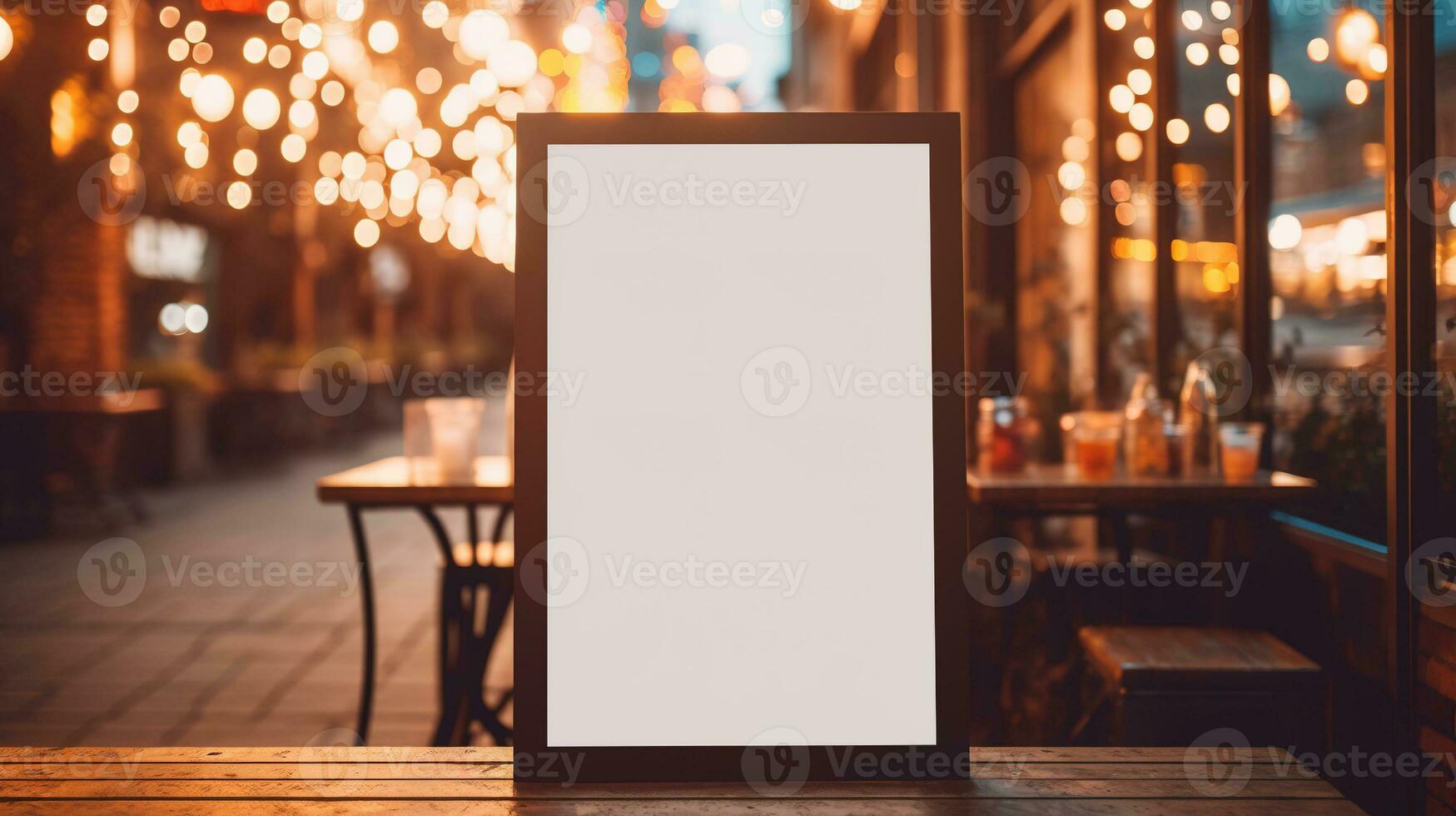 ai generiert generativ ai, Poster spotten oben zum Logo Design, Marke Präsentation, ästhetisch stumm geschaltet neutral Farben, auf verschwommen Nacht Bar oder Restaurant Hintergrund foto