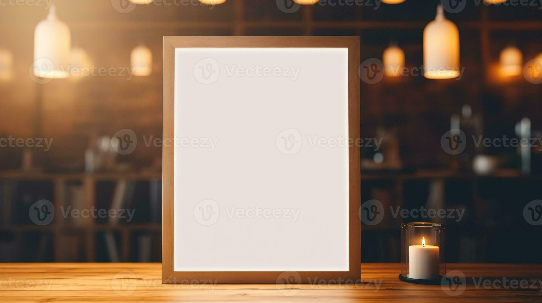 ai generiert generativ ai, Poster spotten oben zum Logo Design, Marke Präsentation, ästhetisch stumm geschaltet neutral Farben, auf verschwommen Nacht Bar oder Restaurant Hintergrund foto