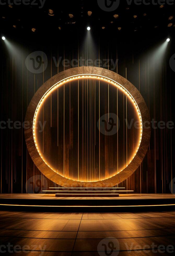 ai generiert Bühne Hintergrund mit ein groß kreisförmig Licht, im dunkel Bronze- und Gold Stil, Holz zum Komposition ai generiert foto