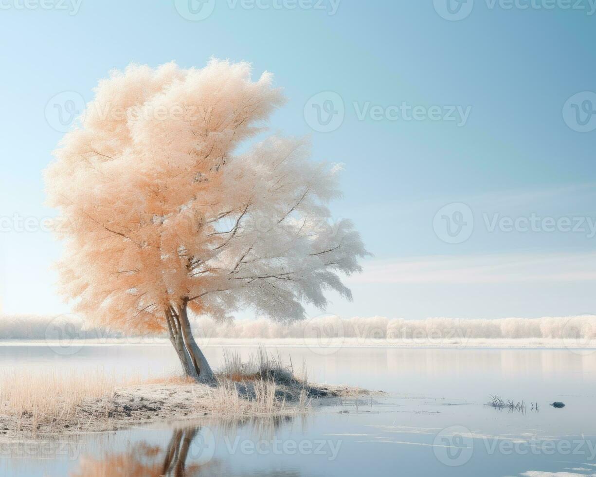 ein Infrarot Bild von ein Baum auf das Ufer von ein See generativ ai foto