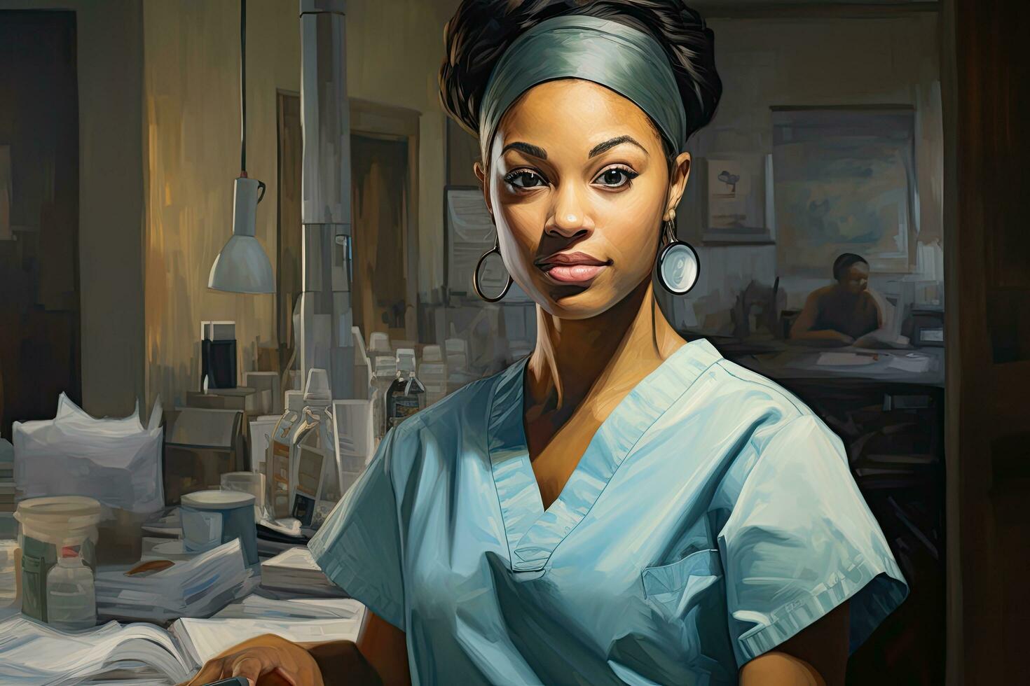 ai generiert Porträt von ein schön afrikanisch amerikanisch weiblich Arzt beim arbeiten, jung Afroamerikaner Krankenschwester im Klinik, ai generiert foto