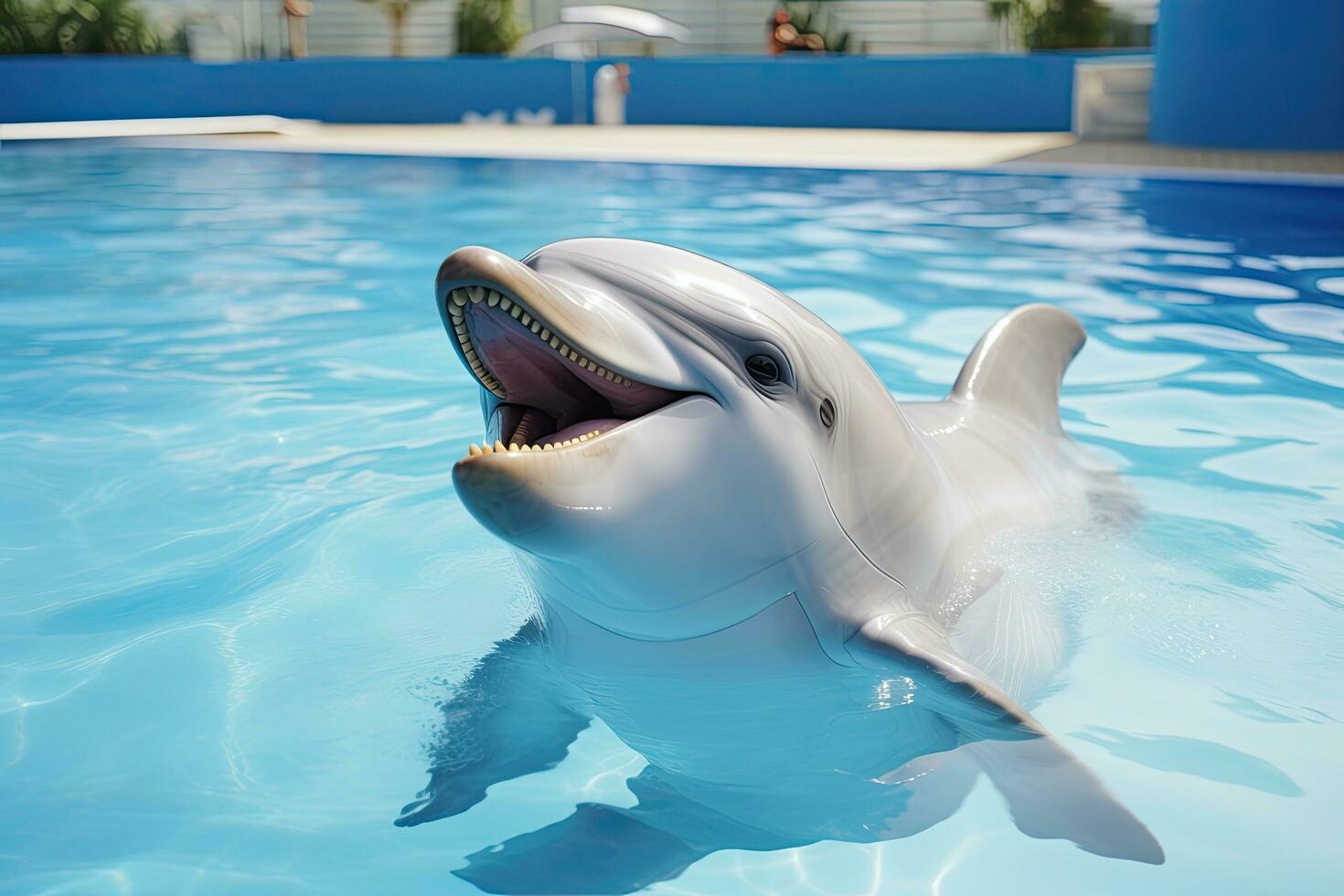 ai generiert Delfin im Schwimmen Schwimmbad, schließen oben von Kopf und Mund, Weiß Delfin im das Schwimmbad, ai generiert foto