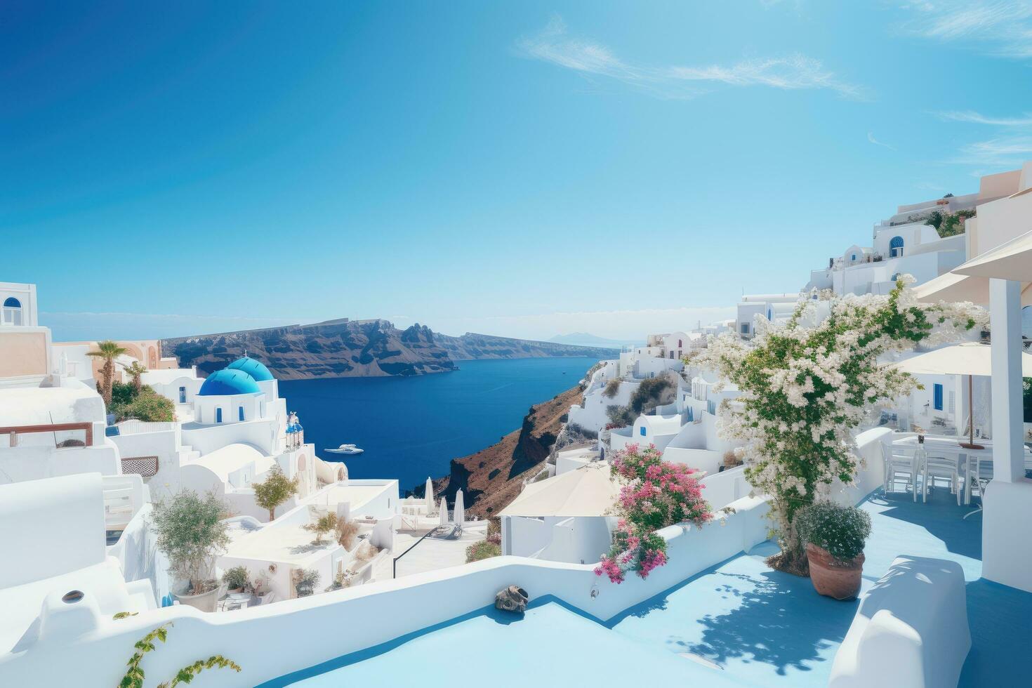 ai generiert Weiß die Architektur auf Santorini Insel, Griechenland. schön Sommer- Landschaft, Weiß die Architektur von oia Dorf auf Santorini Insel, Griechenland, ai generiert foto