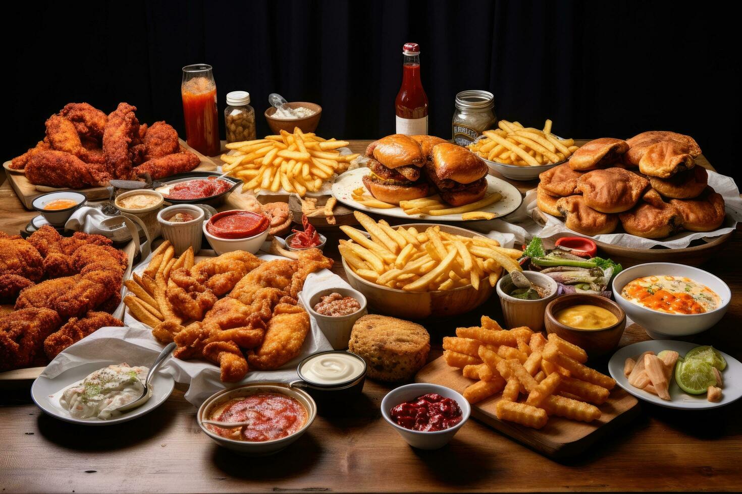 ai generiert Sortiment von schnell Essen einschließlich Hähnchen Nuggets, Französisch Fritten, Hamburger, Cheeseburger, Hähnchen Nuggets, Hähnchen Filet, Hamburger, Cheeseburger, Hähnchen Trommelstöcke, Französisch Fritten foto