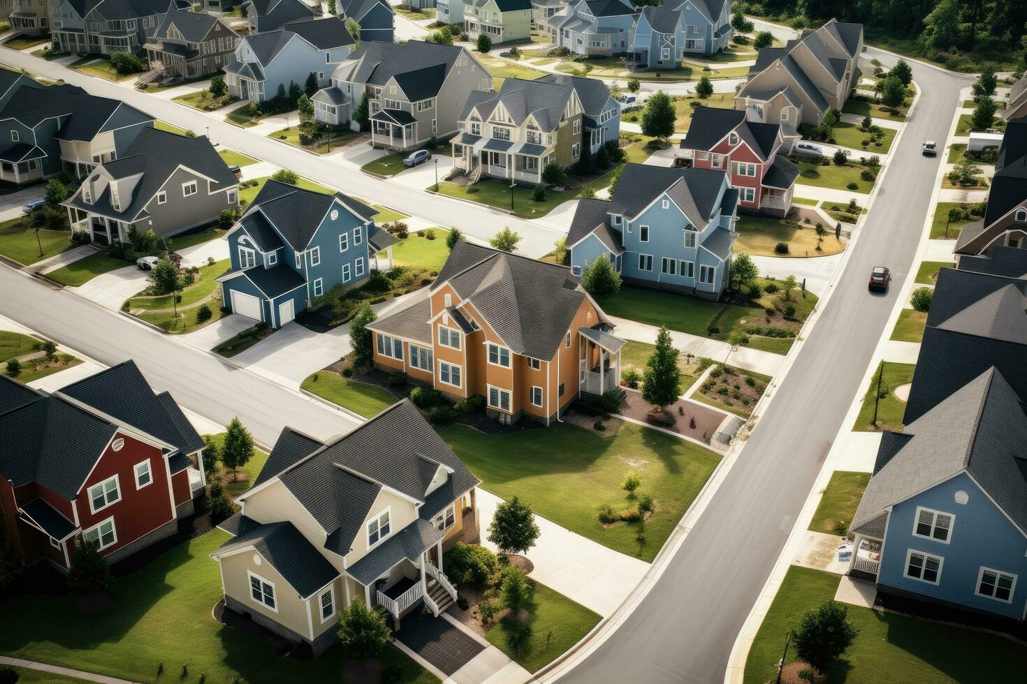 ai generiert Antenne Aussicht von ein Vorort- Gegend mit Häuser im das Mitte, Antenne Aussicht von ein Sackgasse beim ein Gegend Straße tot Ende mit gebaut Häuser im ein Süd Carolina Wohn Leben Bereich foto