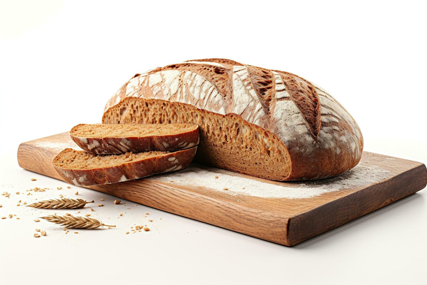 ai generiert hausgemacht Brot auf ein hölzern Stand auf ein Weiß Hintergrund. hausgemacht gebacken Waren, handgefertigt. generiert durch künstlich Intelligenz foto