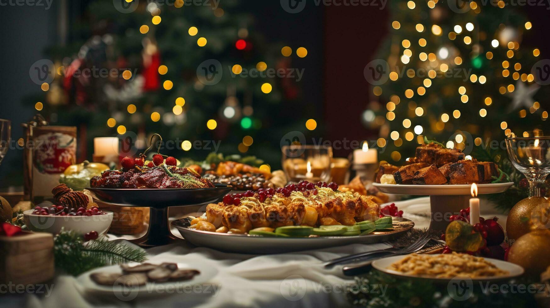 ai generiert Weihnachten Abendessen Tabelle voll von Geschirr mit Essen und Snacks, Weihnachten Veranstaltung foto