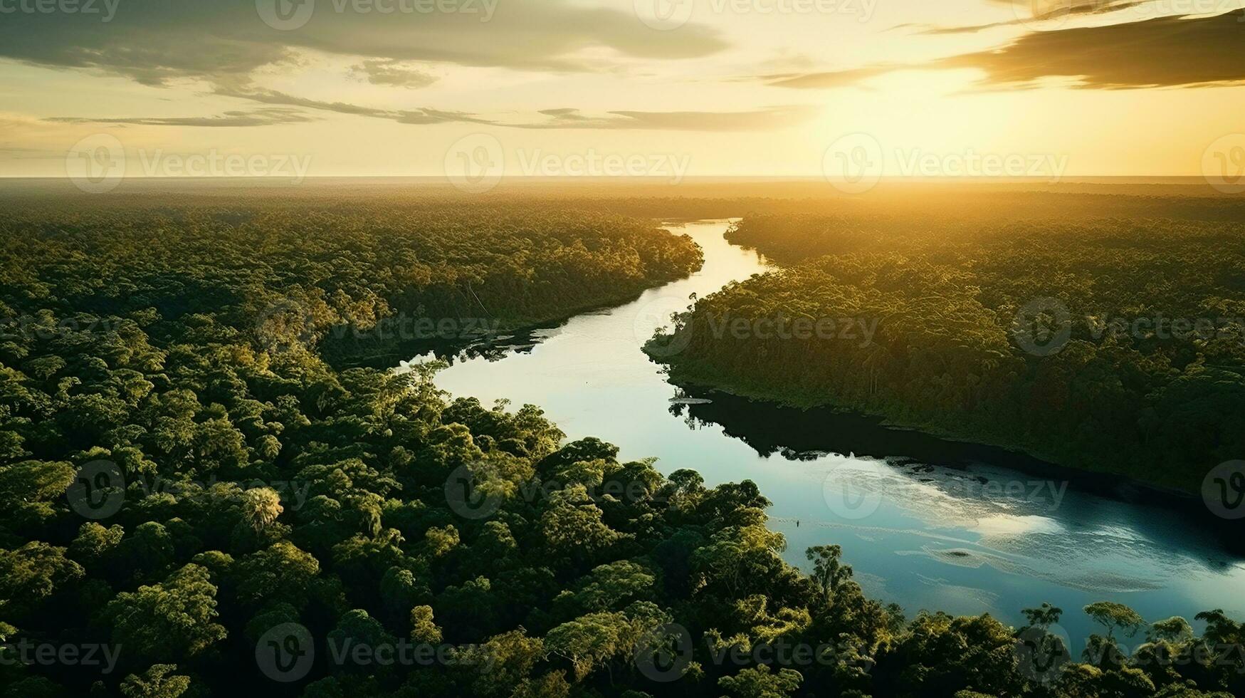 ai generiert schön Grün Wald Landschaft mit golden Stunde Zeit foto