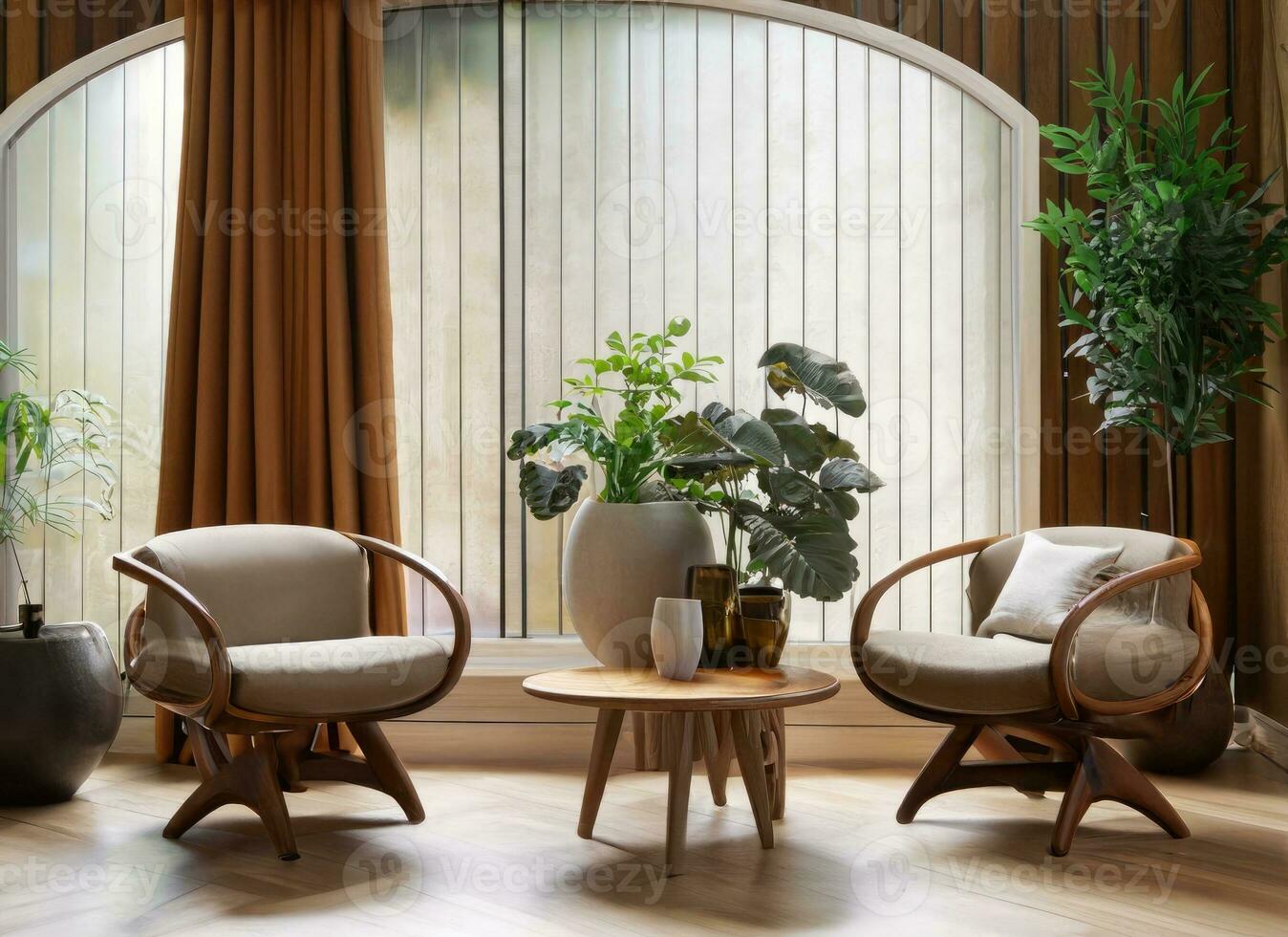 ai generiert modern Zimmer mit Stuhl und groß Fenster, gebaut im minimal Zimmer Ton, Eiche modern Couch. ai generiert. foto