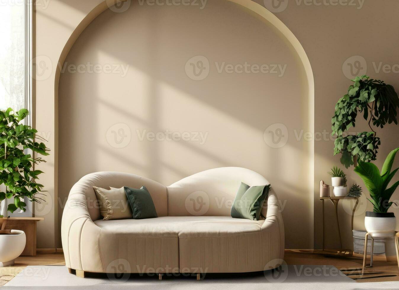 ai generiert modern Zimmer mit Stuhl und groß Fenster, gebaut im minimal Zimmer Ton, Eiche modern Couch. ai generiert. foto
