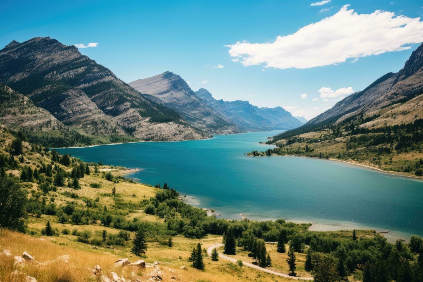 ai generiert Gletscher National Park, Montana, USA. Schönheit Welt, Waterton Seen National Park ist ein UNESCO Welt Erbe Grundstück, ai generiert foto