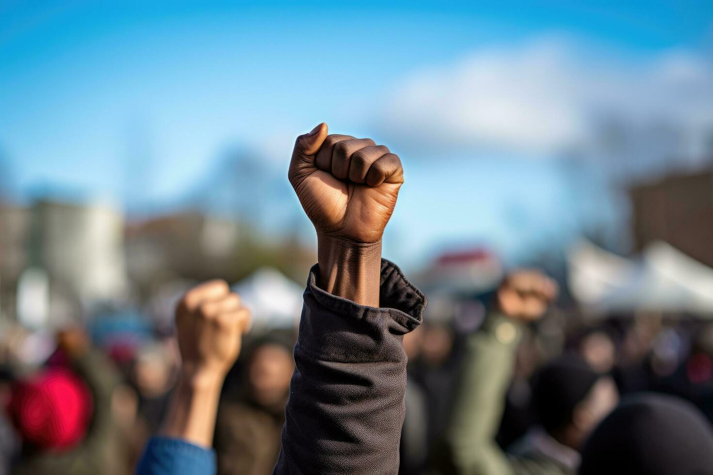 ai generiert schließen oben von ein Mann angehoben seine Faust im Protest mit Menge im das Hintergrund, ein angehoben Faust von ein Demonstrant beim ein politisch Demonstration, ai generiert foto