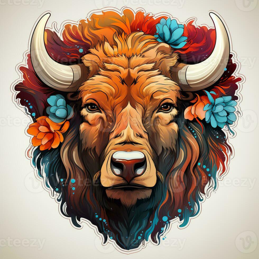 ai generiert diese zauberhaft Digital Kunst zeigt ein Bison Kopf mit ein Krone von bunt Blumen auf es ist Kopf, isoliert auf ein Weiß Hintergrund. das Bisons Pelz ist ein Reich braun Farbe foto