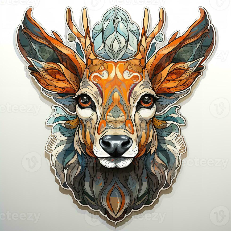 ai generiert ein schön Digital Kunst Illustration von ein Hirsch mit ein Krone von Blumen auf es ist Kopf. das Hirsch hat hell Orange Pelz und Grün Augen, und es ist Krone ist gemacht von ein Vielfalt von Blumen im Farben foto