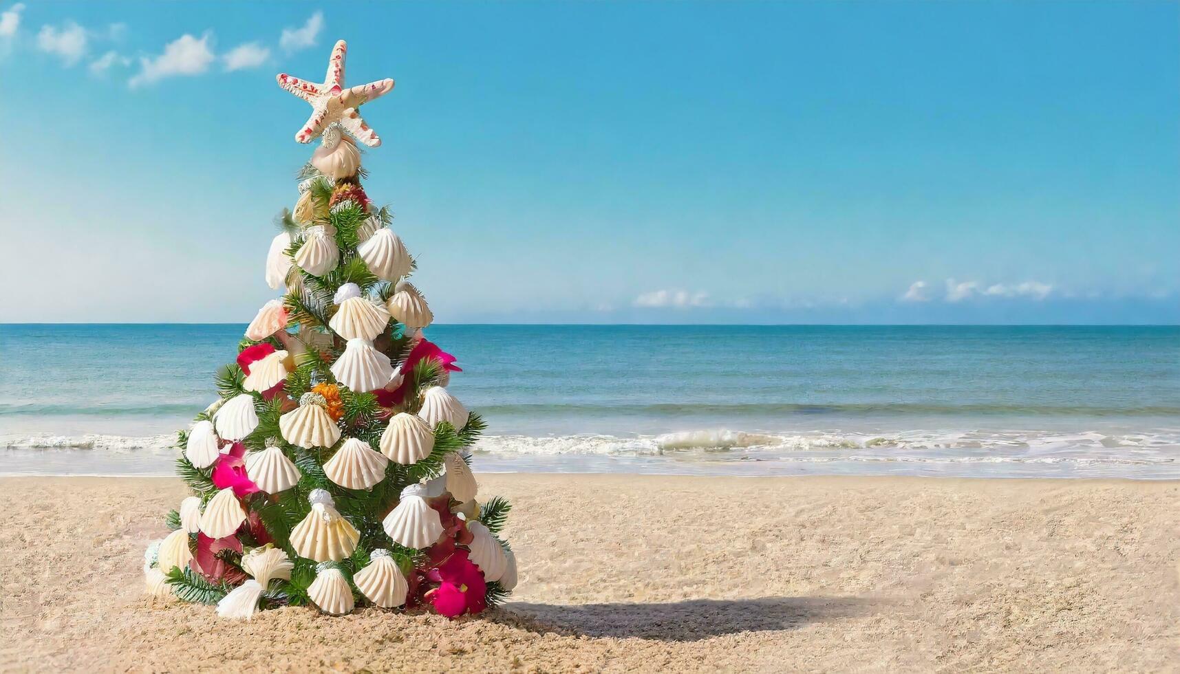 ai generiert Weihnachten Baum auf das Strand mit Muschel foto