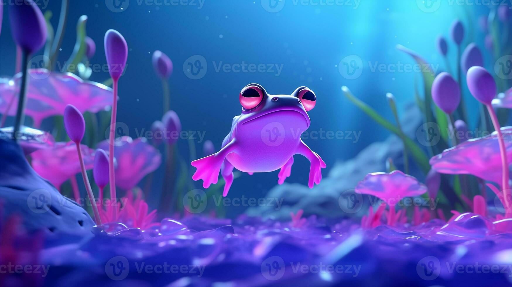 ai generiert süß Frosch ist Sitzung auf das Felsen im das See. schön Natur auf das See. lila Blumen Neon- Beleuchtung. dunkel Fantasie Hintergrund im Blau lila Farben foto