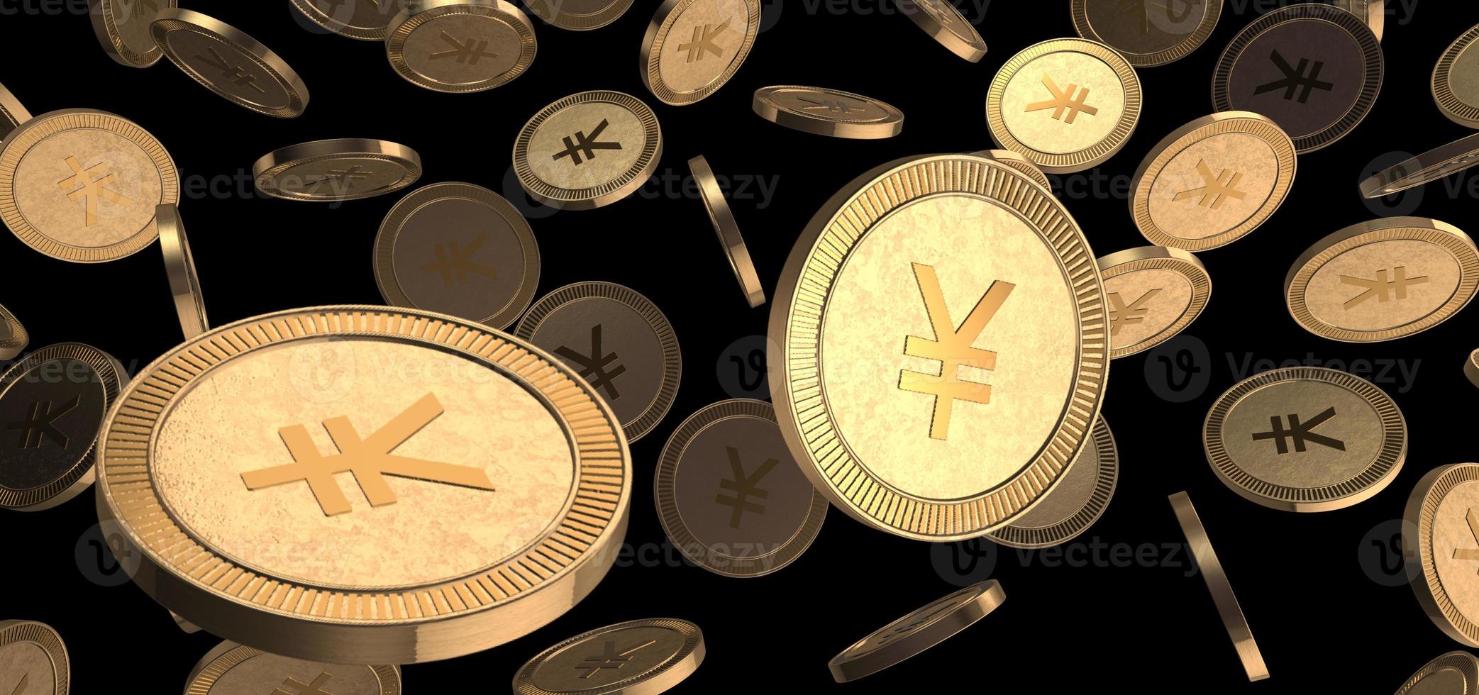 Yen- oder Yuan-Goldmünzen. Stapel von digitalen Währungsmünzen. foto