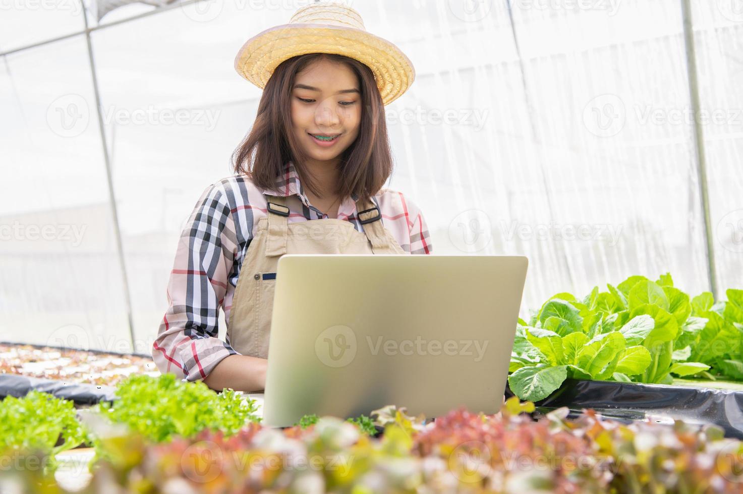 Hydroponische Bäuerin sammelt Gemüsewachstumsinformationen und verwendet einen Laptop zum Hochladen von Daten an den Kunden für den Online-Handel im Internet zum Verkauf. Technologie und modernes Geschäftskommunikationskonzept foto