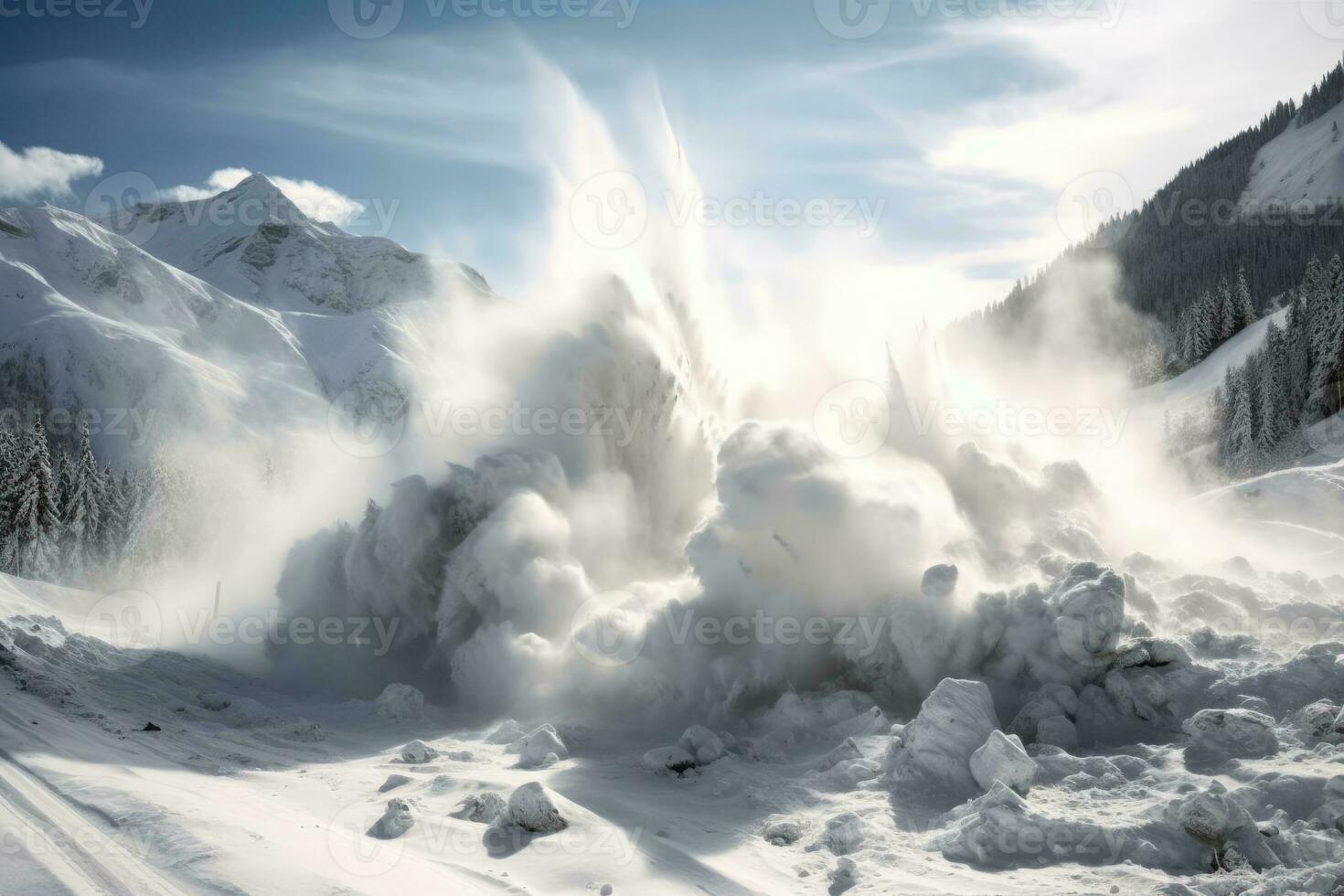 ai generiert kalt Winter Reise Himmel bedeckt Blau Landschaft Schnee Ski draußen Jahreszeit Wolke gefroren foto
