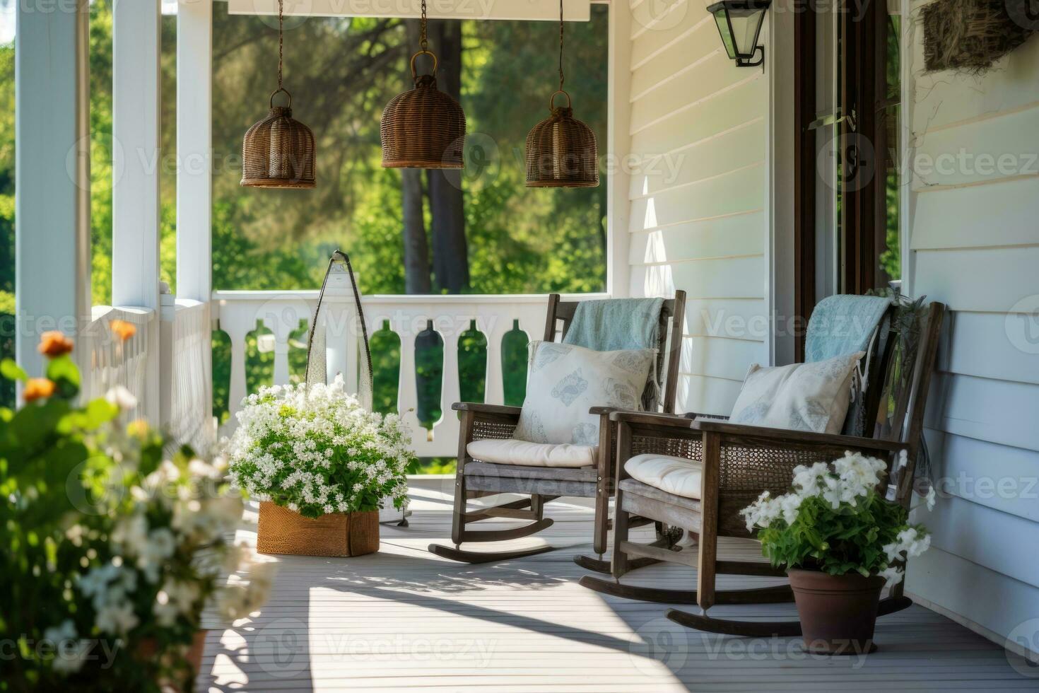 ai generiert Terrasse draußen Haus Veranda Stühle Sommer- Design Korbweide Grün Gebäude Fenster Tabelle foto