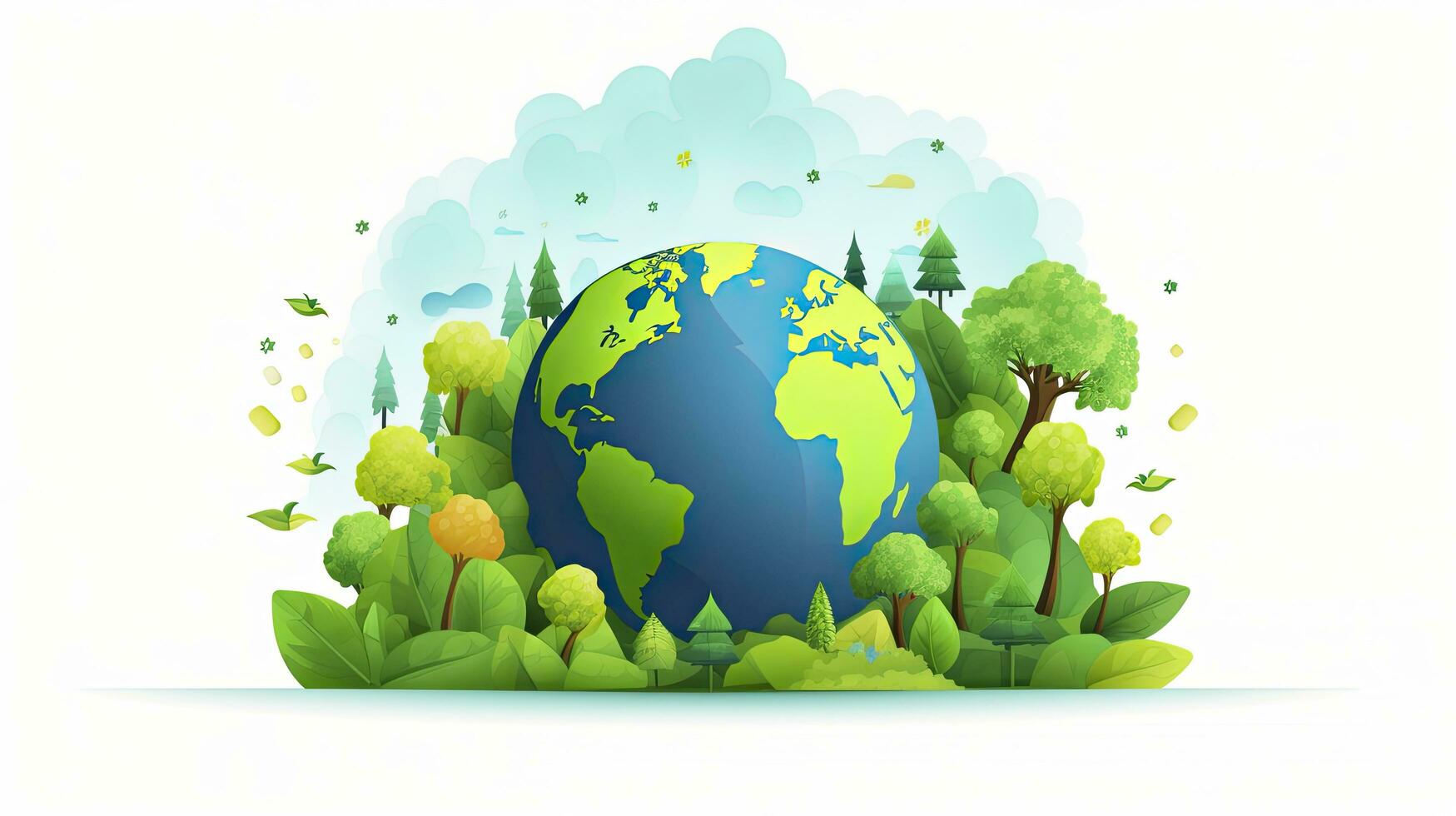 ai generiert Erde ist umgeben durch verschiedene Bäume und Ozean. feiern Welt Erde Tag, Welt Wasser Tag, und Umwelt Schutz foto
