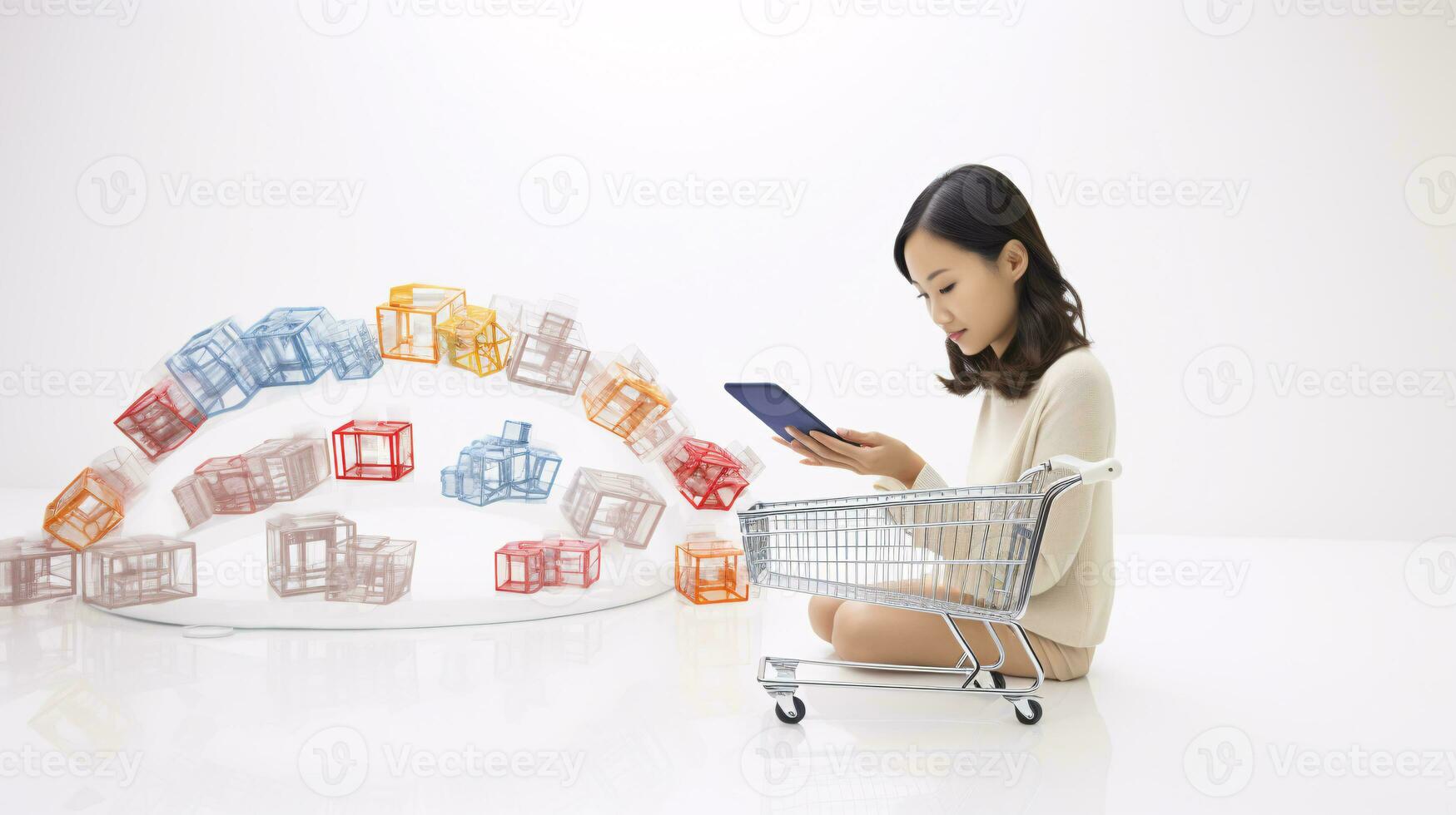 ai generiert online Einkaufen Darstellung mit Menschen auf Digital Geräte umgeben durch Geschenke und Symbole von Produkte foto