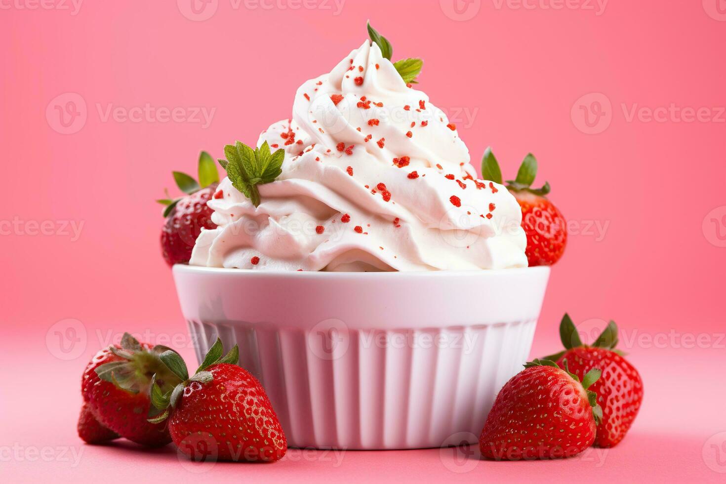 ai generiert ausgepeitscht Creme, Joghurt im ein Schüssel mit reif Erdbeeren auf ein Rosa Hintergrund. generiert durch künstlich Intelligenz foto