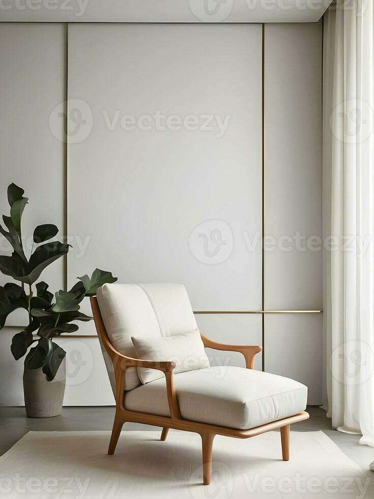 ai generiert Leben Zimmer Innere Design mit Beige Sessel, Pflanze und natürlich Licht. 3d machen Illustration zum Design foto