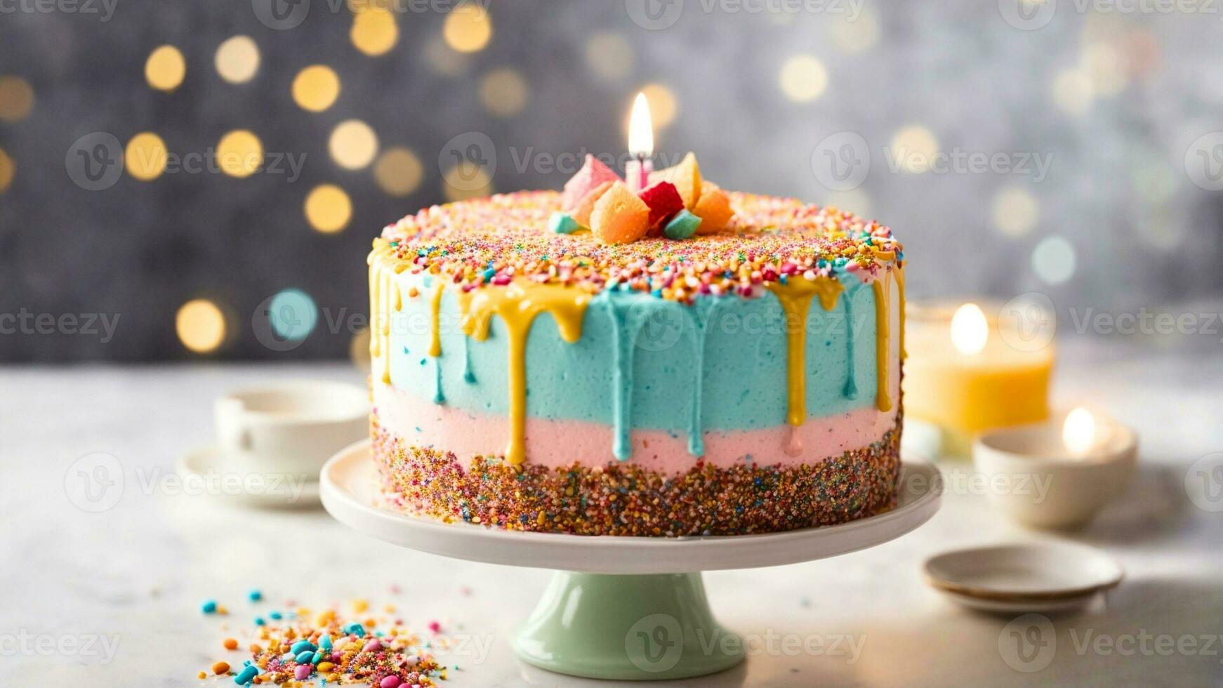 ai generiert Nahansicht von köstlich Geburtstag Kuchen mit Verbrennung Kerze auf Tabelle mit Bokeh Beleuchtung Hintergrund. Feier und Glück Moment Konzept foto