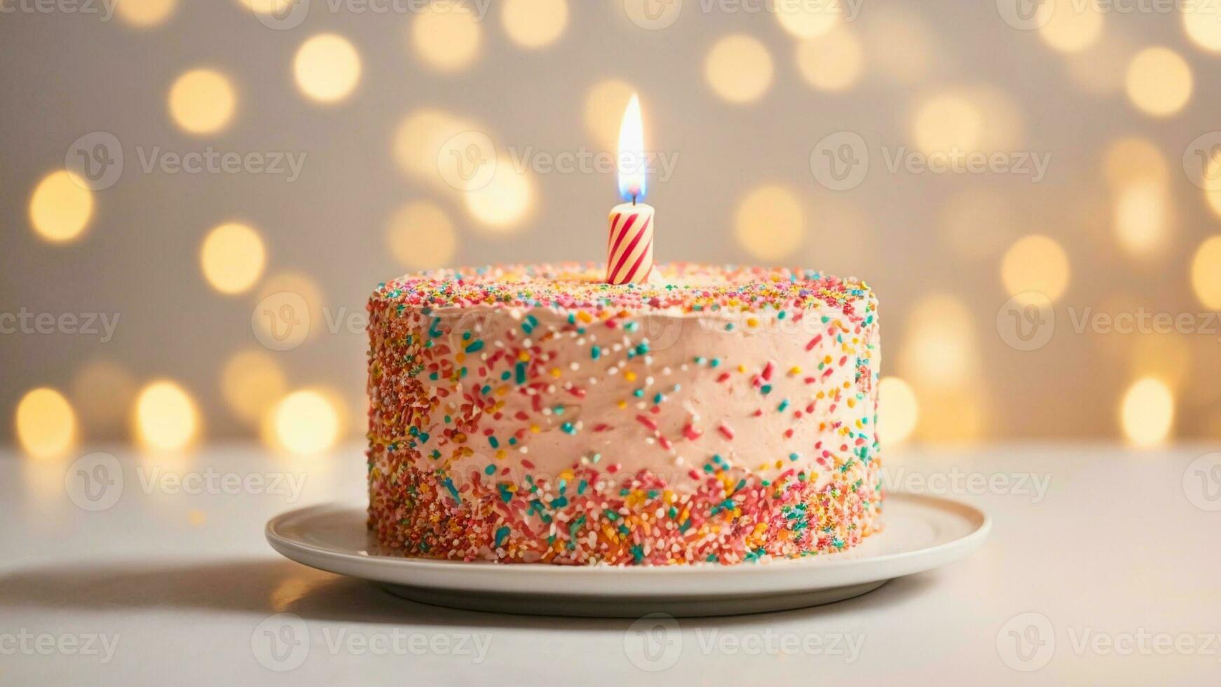 ai generiert Nahansicht von bunt Geburtstag Kuchen mit Verbrennung Kerze auf Tabelle gegen Bokeh Beleuchtung mit Kopieren Raum foto