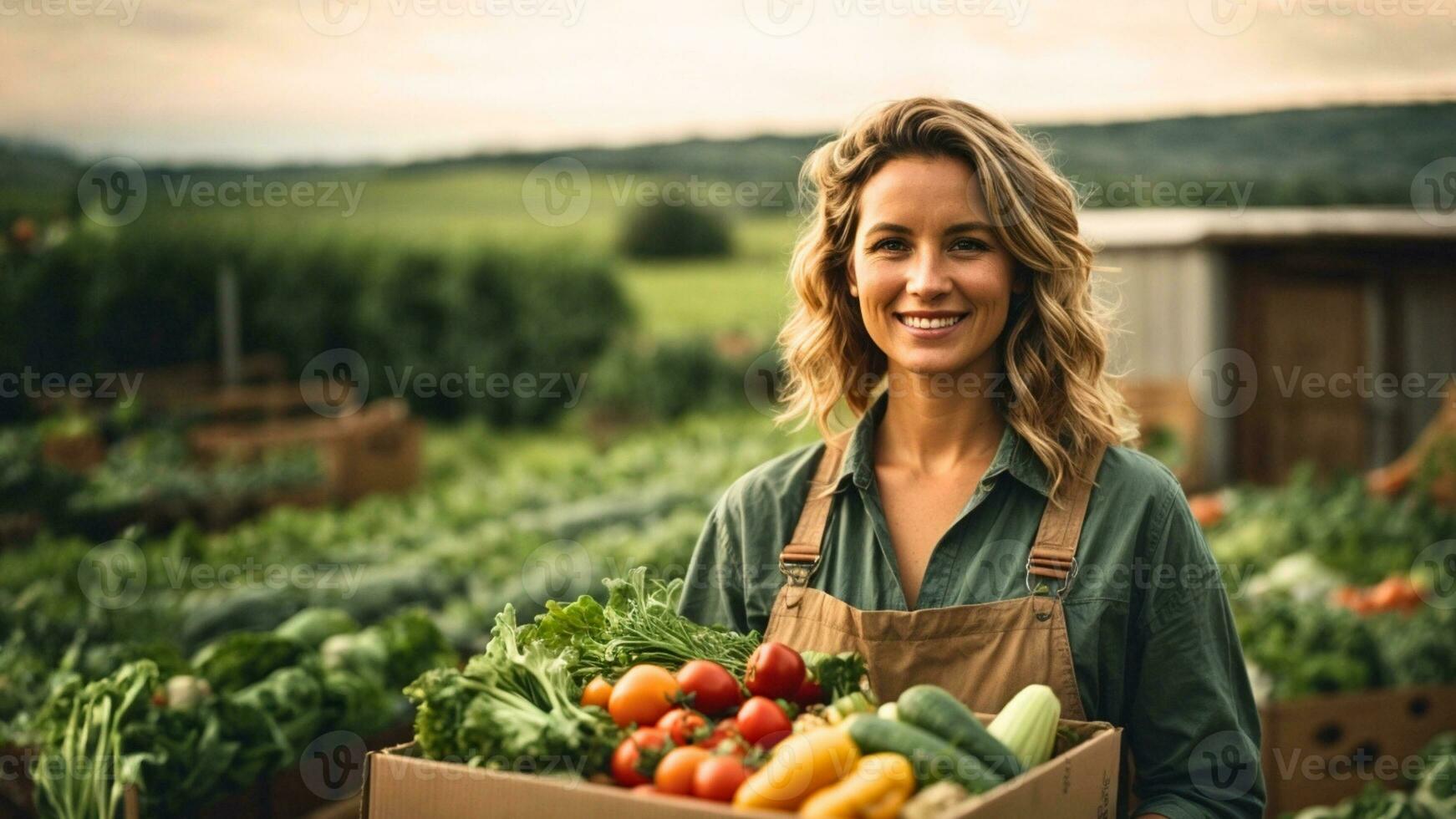 ai generiert Porträt von ein lächelnd Frau Gärtner und halten Box voll von frisch Gemüse geerntet von ihr organisch Bauernhof. nachhaltig und ökologisch freundlich Garten Konzept foto