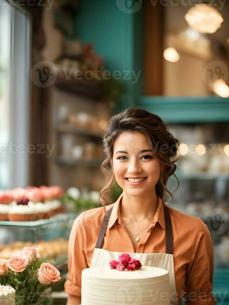 ai generiert schön jung Frau Bäcker im Weiß Schürze Stand mit Kuchen und lächelnd stolz beim ihr Geschäft foto