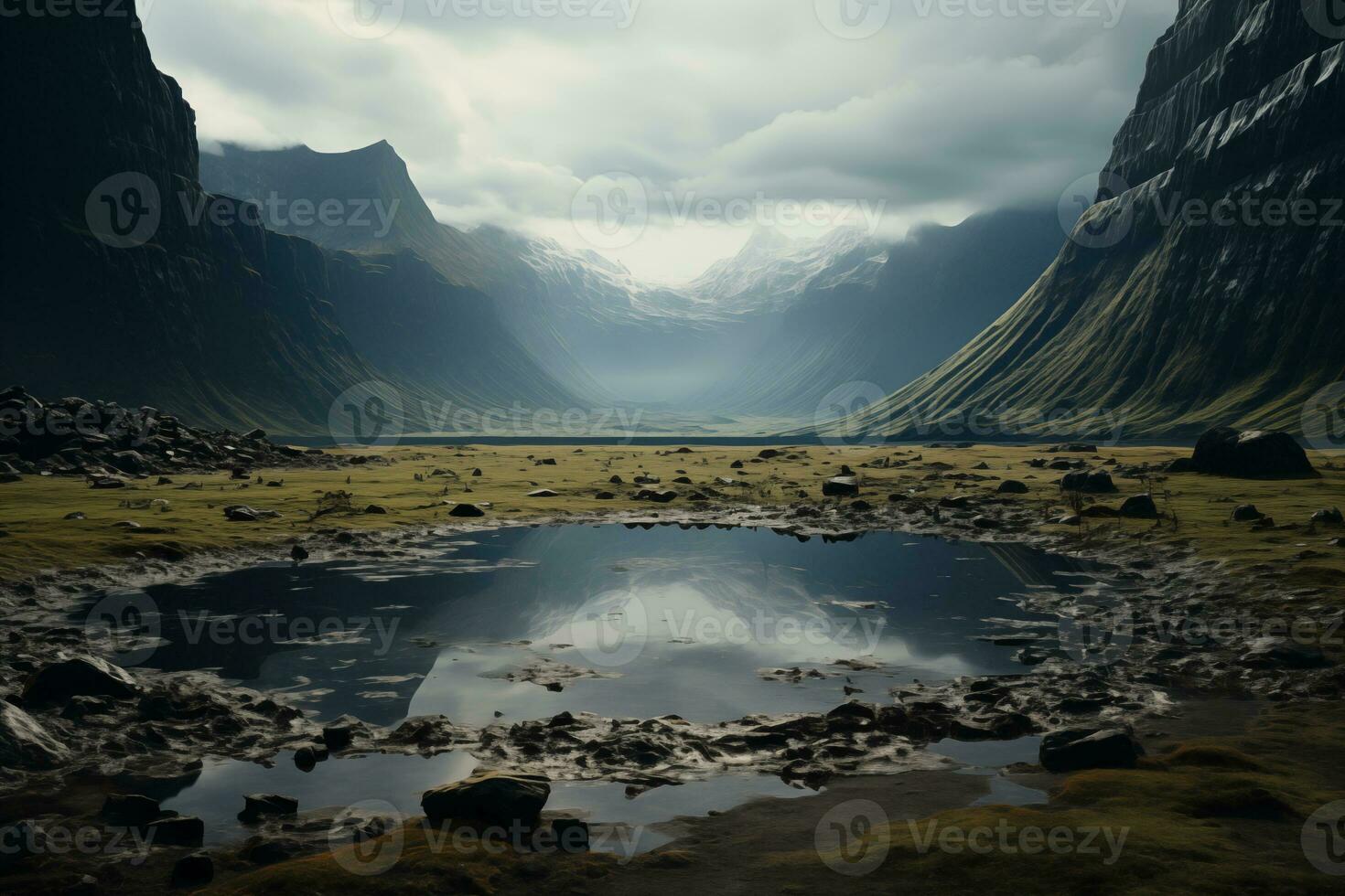 ai generiert Berg Landschaft, Aussicht im das Caldera von ein ausgestorben Vulkan mit See unter Basalt Felsen foto