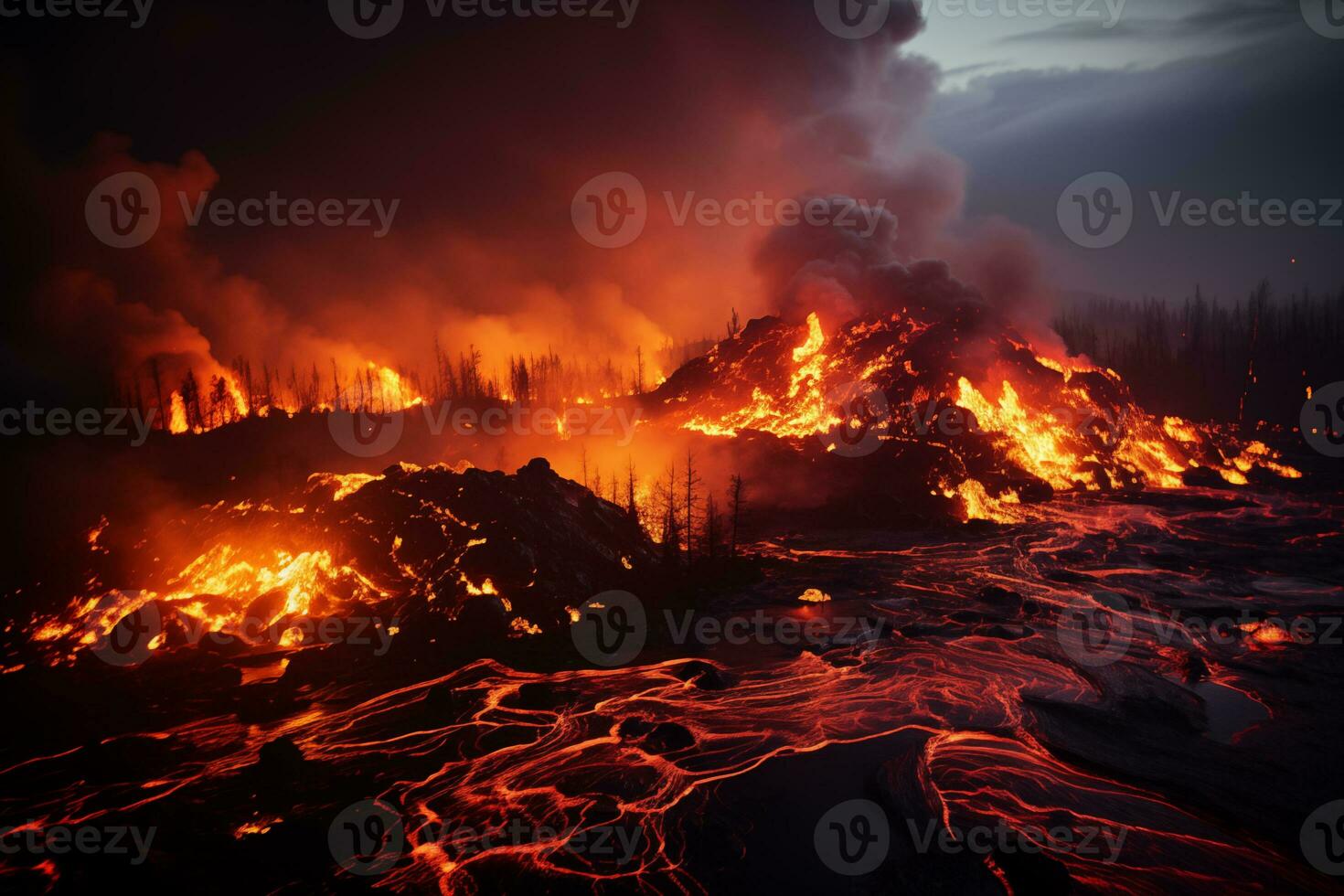 ai generiert Nacht vulkanisch Eruption im bewaldet Bereich foto