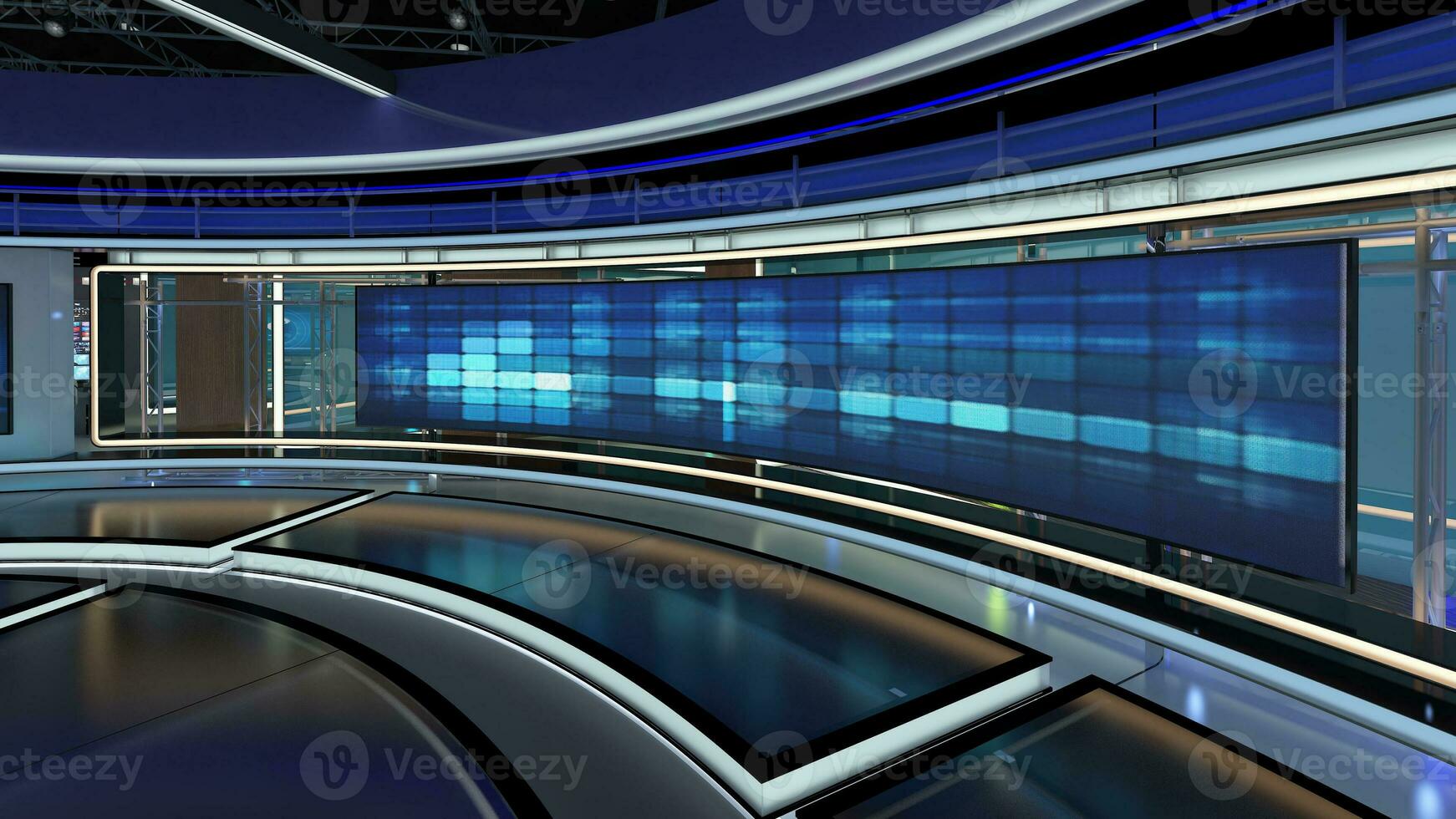 virtuell Fernseher Studio Satz. Grün Bildschirm Hintergrund. 3d Rendern foto