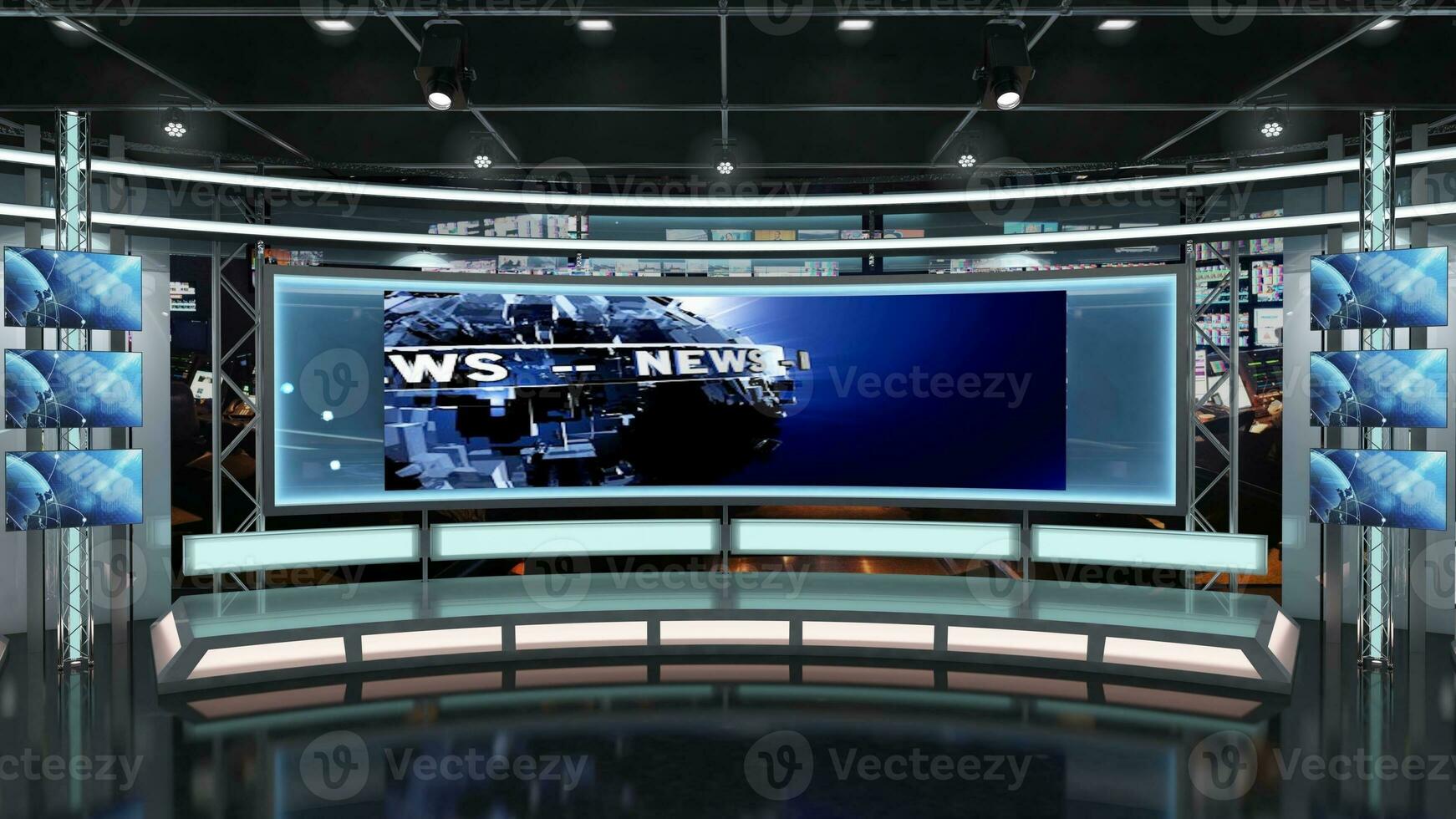 virtuell Fernseher Studio Satz. Grün Bildschirm Hintergrund. 3d Rendern foto