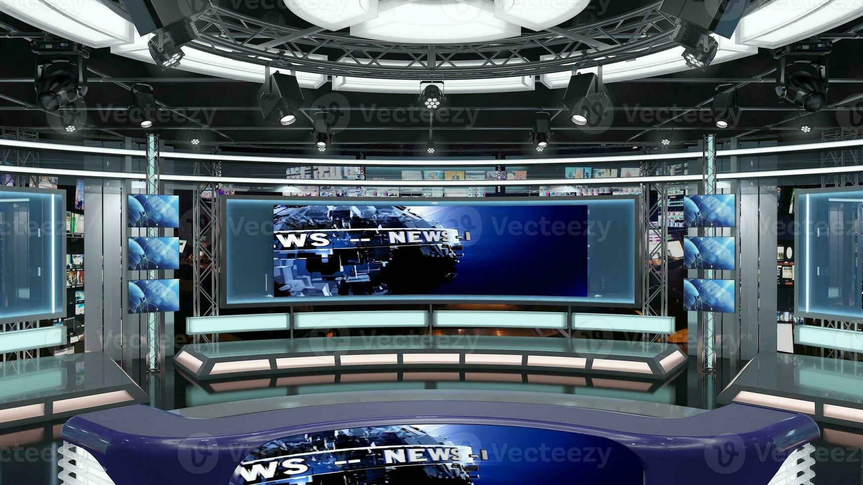 virtuell Fernseher Studio Satz. Grün Bildschirm Hintergrund. 3d Rendern foto