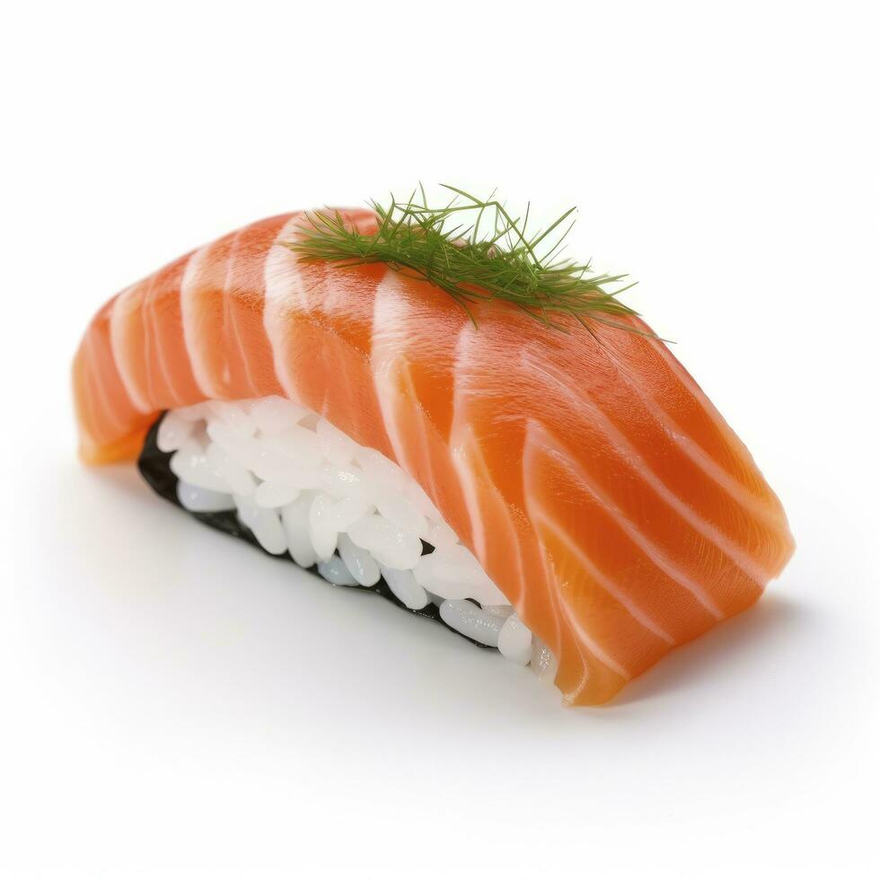 ai generiert ein Sushi Lachs auf Weiß Hintergrund. ai generiert foto