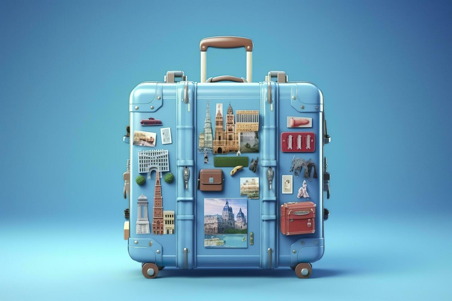 ai generiert Blau Koffer voll von Sehenswürdigkeiten und Reise Zubehör auf Blau Hintergrund. generativ ai foto