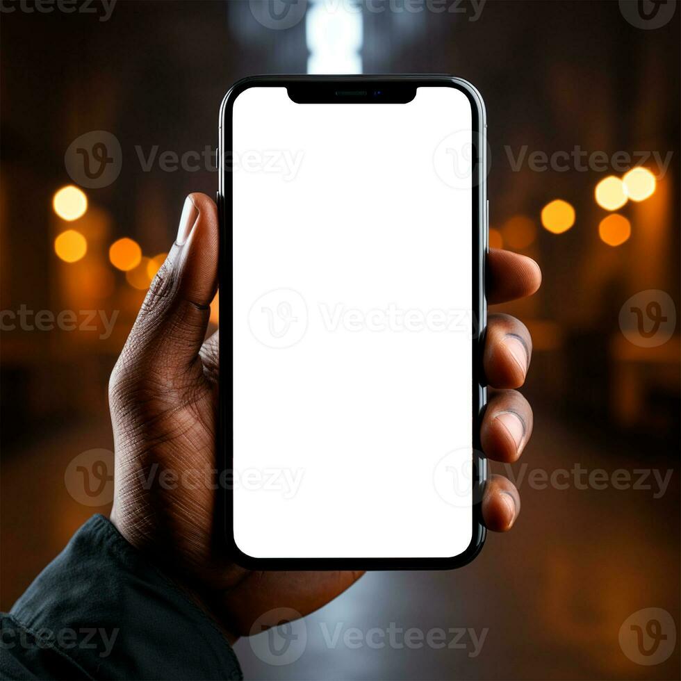 ai generiert Smartphone im ein des Mannes dunkelhäutig Hand, Weiß Bildschirm Vorlage, Weiß Hintergrund - - ai generiert Bild foto