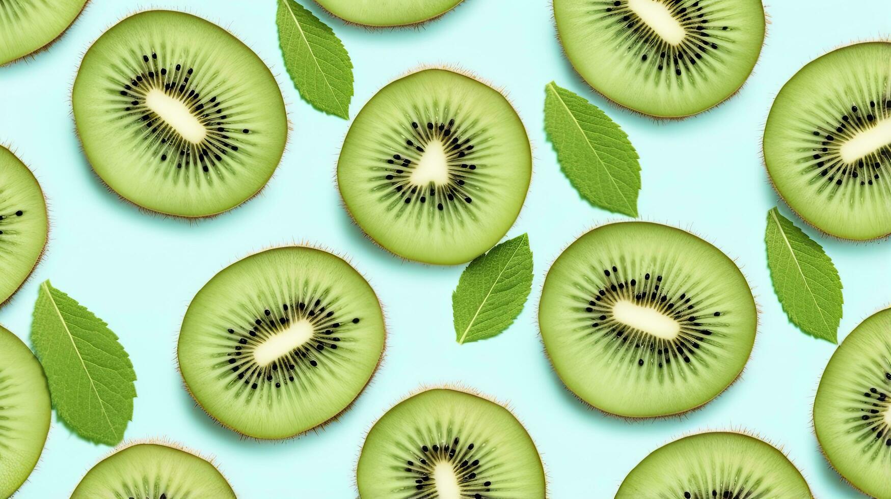 ai generiert Scheiben von Kiwi Obst und Grün Minze Blätter auf ein Licht Pastell- Blau Hintergrund. ai generiert foto