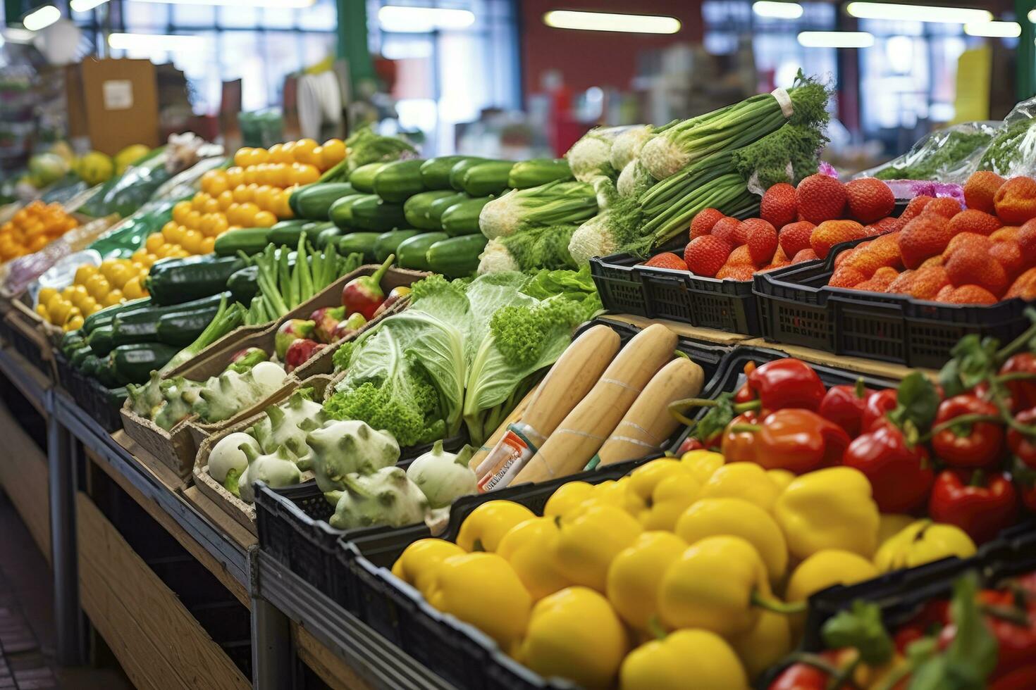 ai generiert Früchte und Gemüse beim Stadt Markt. ai generiert foto