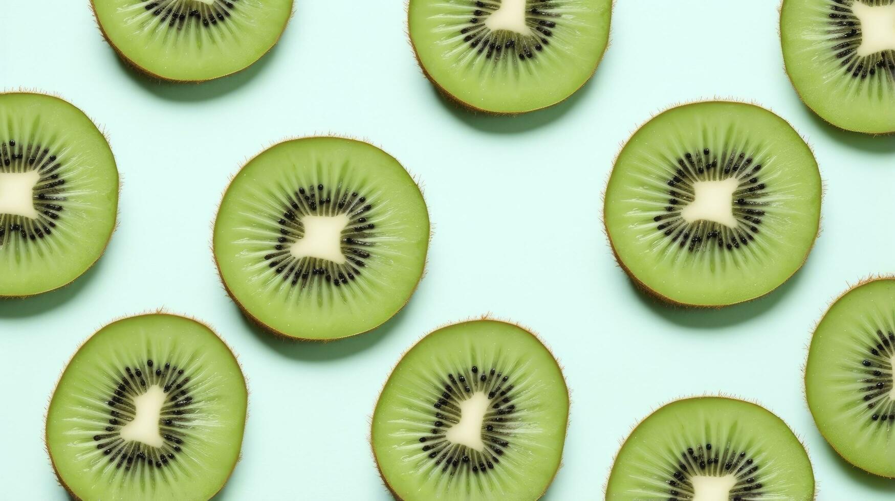 ai generiert Scheiben von Kiwi Obst und Grün Minze Blätter auf ein Licht Pastell- Blau Hintergrund. ai generiert foto