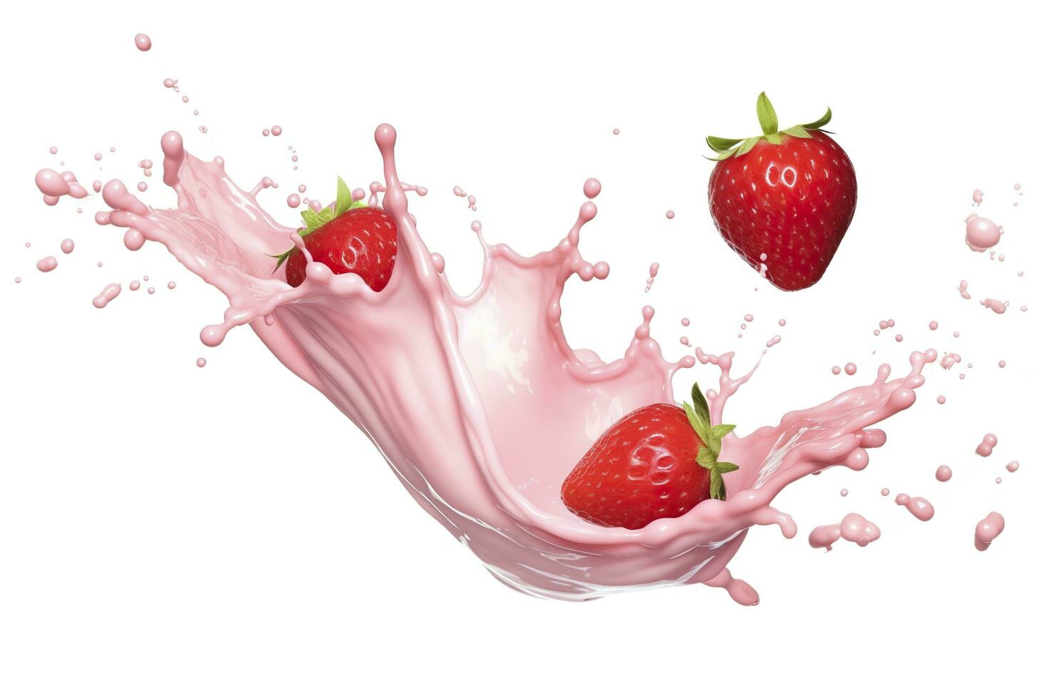 ai generiert Milch oder Joghurt Spritzen mit Erdbeeren isoliert auf Weiß Hintergrund, 3d Wiedergabe. ai generiert foto